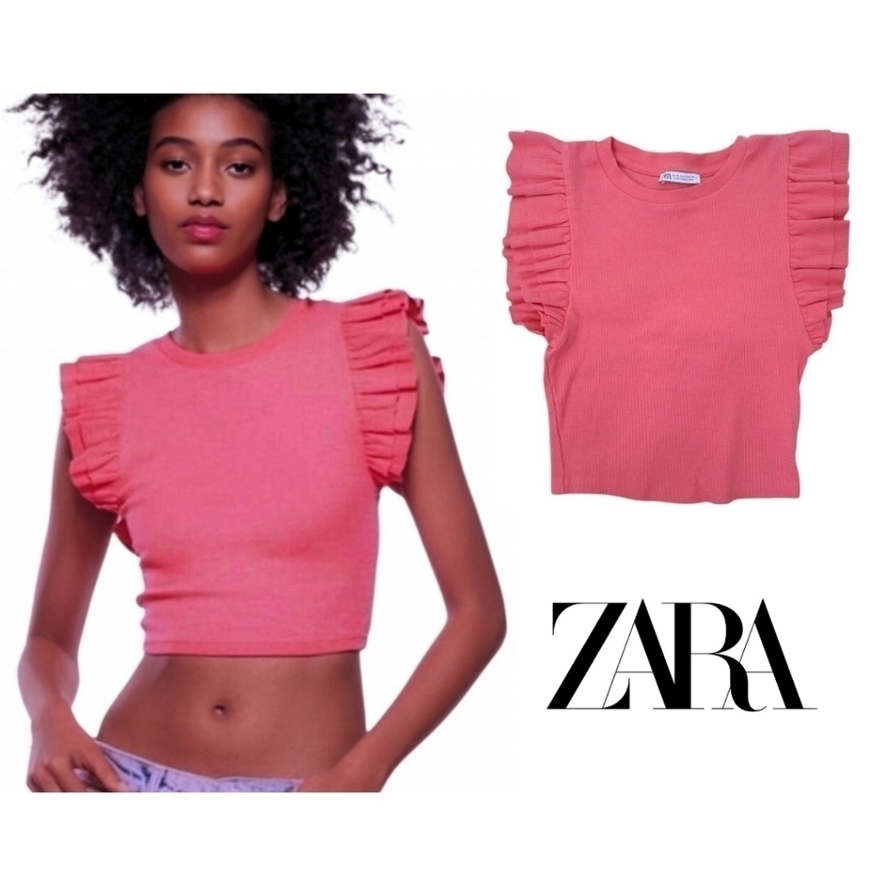 Zara Ruffled Ribbed Crop Shirt Size Small - Picture 2 of 10